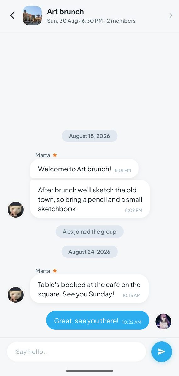 Locly group chat for the Art brunch event, with the host welcoming a new member