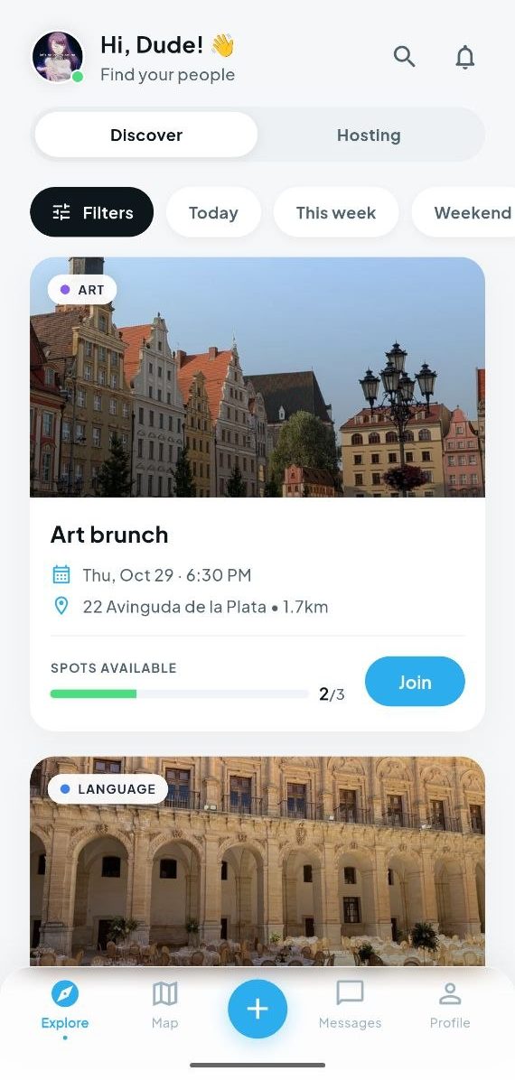 Locly feed showing an Art brunch event with spots available and a Join button