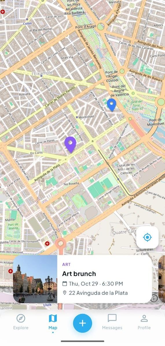 Locly map with event pins and a selected Art brunch event card